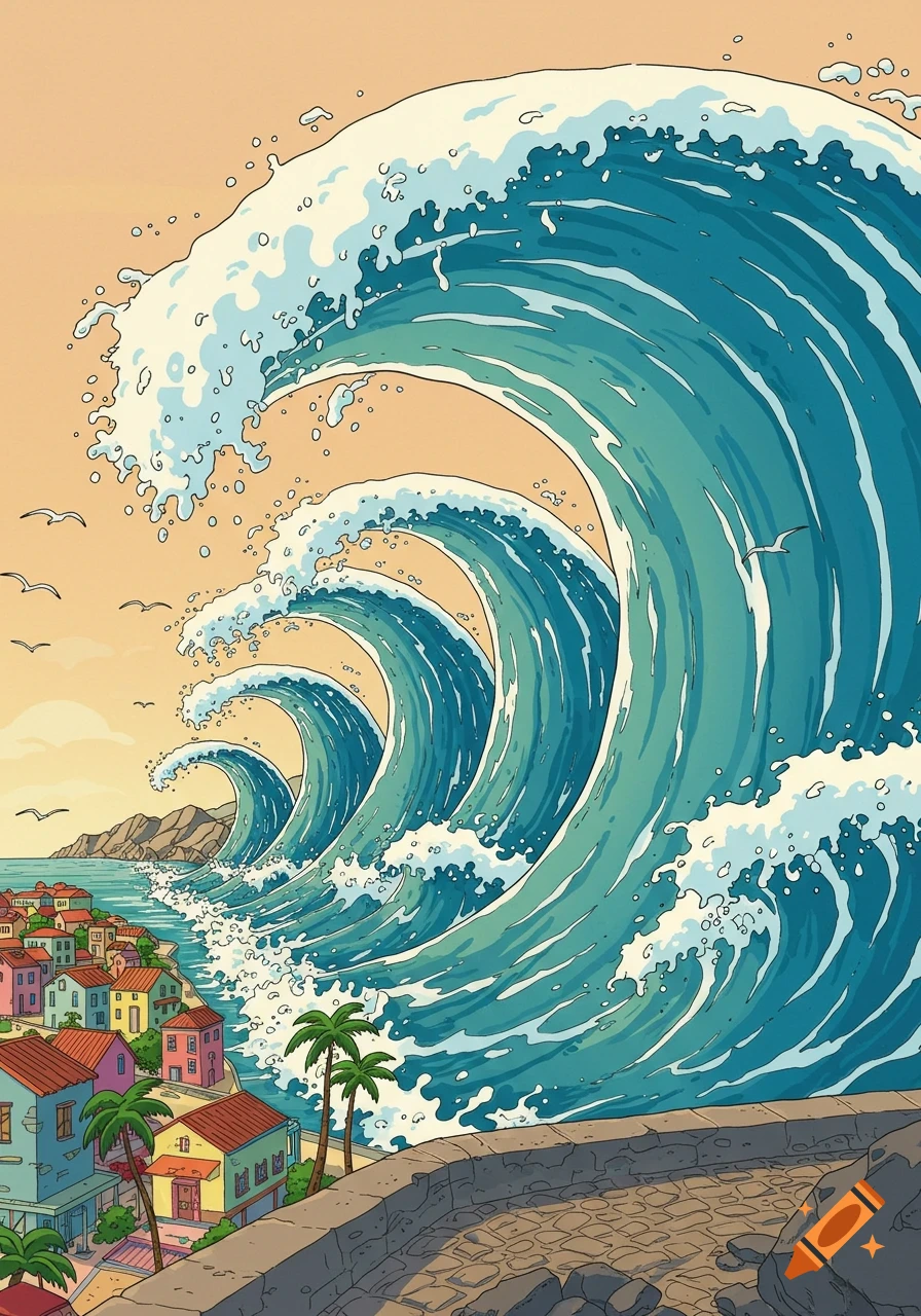 A cartoon-style image showing large, progressively bigger waves approaching a colorful coastal town with palm trees and seagulls.