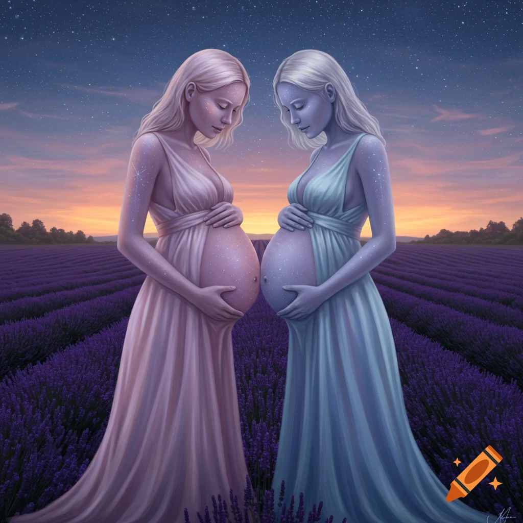 Two ethereal pregnant women, one pink and one blue with star-like glitter, stand in a lavender field at sunset.