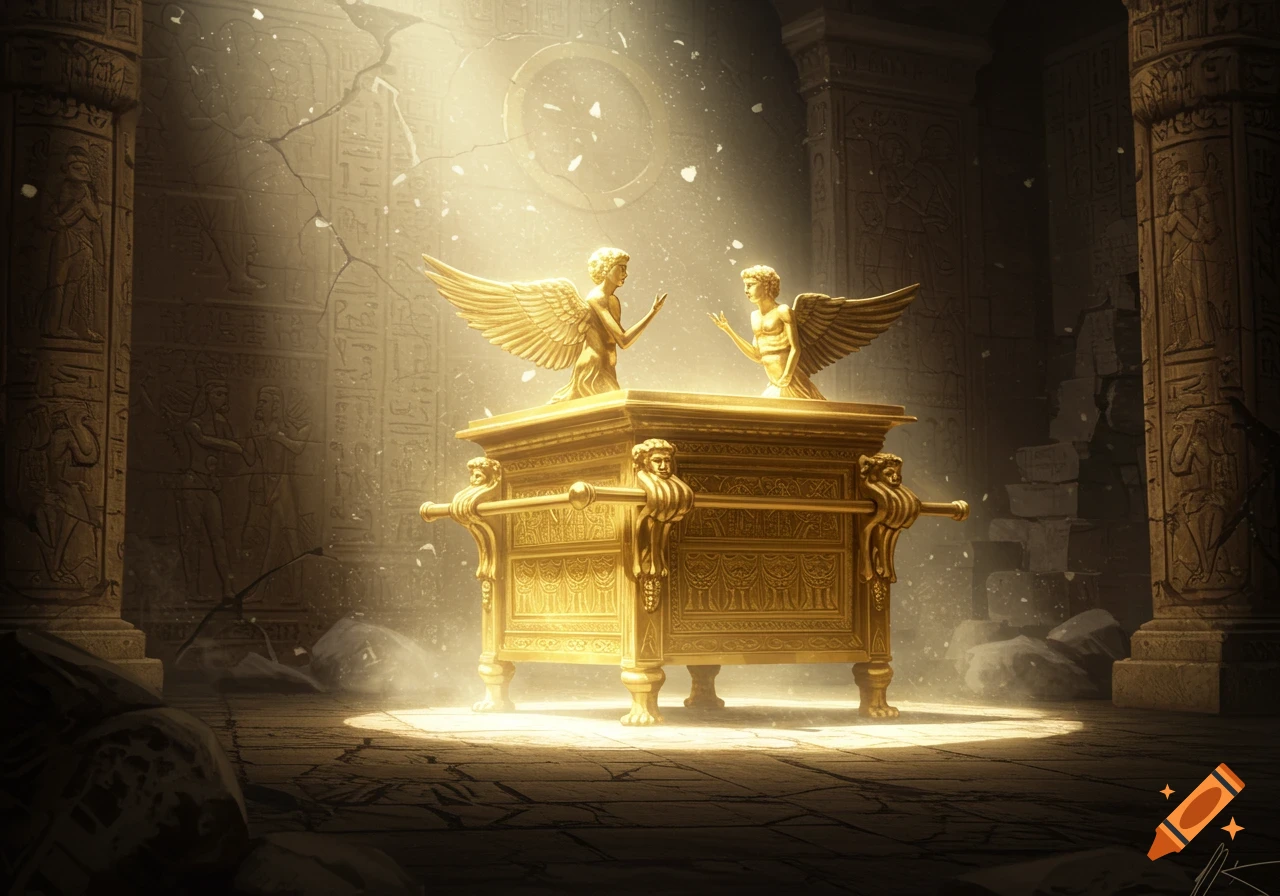 A golden Ark of the Covenant with two winged cherubim on top, bathed in heavenly light in a crumbling ancient temple.