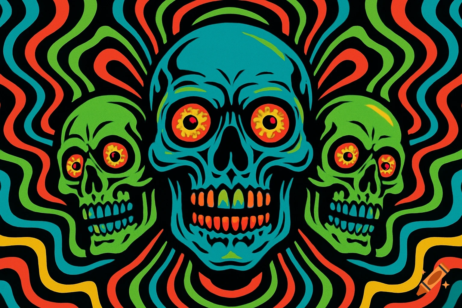A vibrant psychedelic illustration featuring three stylized skulls with bloodshot eyes against a background of wavy, colorful lines.