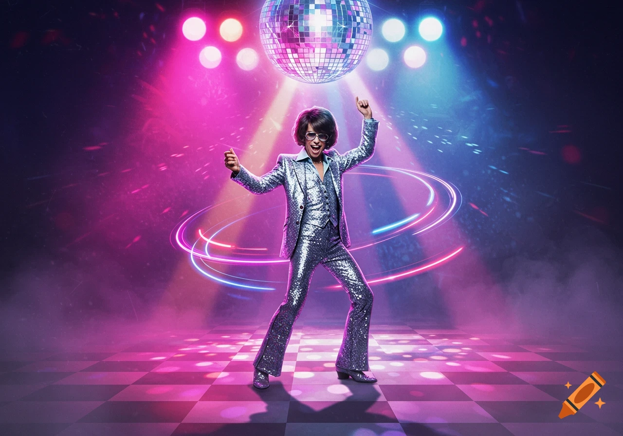 A person in a sparkling silver disco suit dances under a disco ball on a checkered floor with vibrant pink and blue lights.