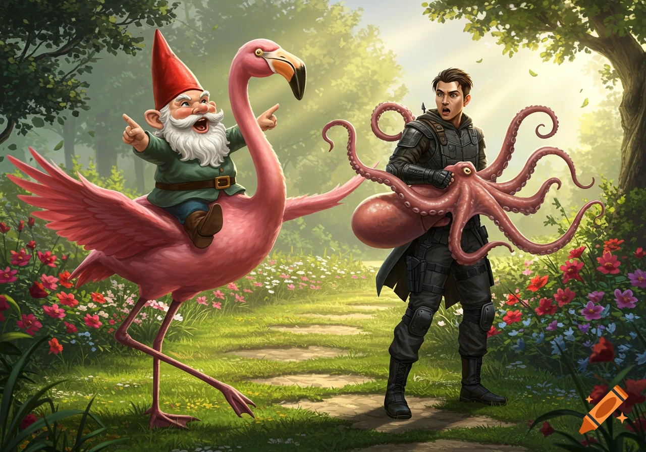 A garden gnome riding a pink flamingo points ahead, while a man in tactical gear struggles to hold a large pink octopus in a lush, green garden.