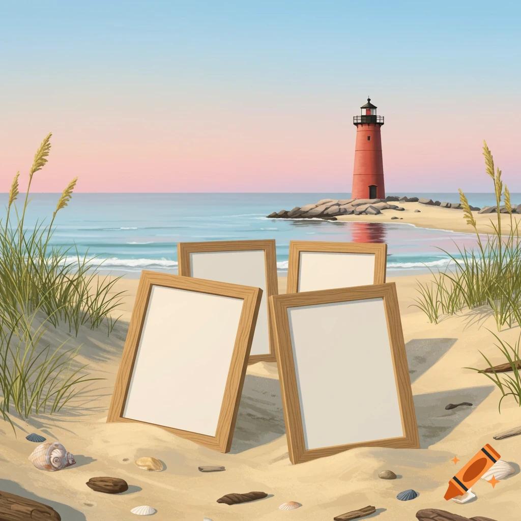 Four blank picture frames on a sandy beach with sea grass, driftwood, and seashells. A red lighthouse stands by the ocean under a pink and blue sky.