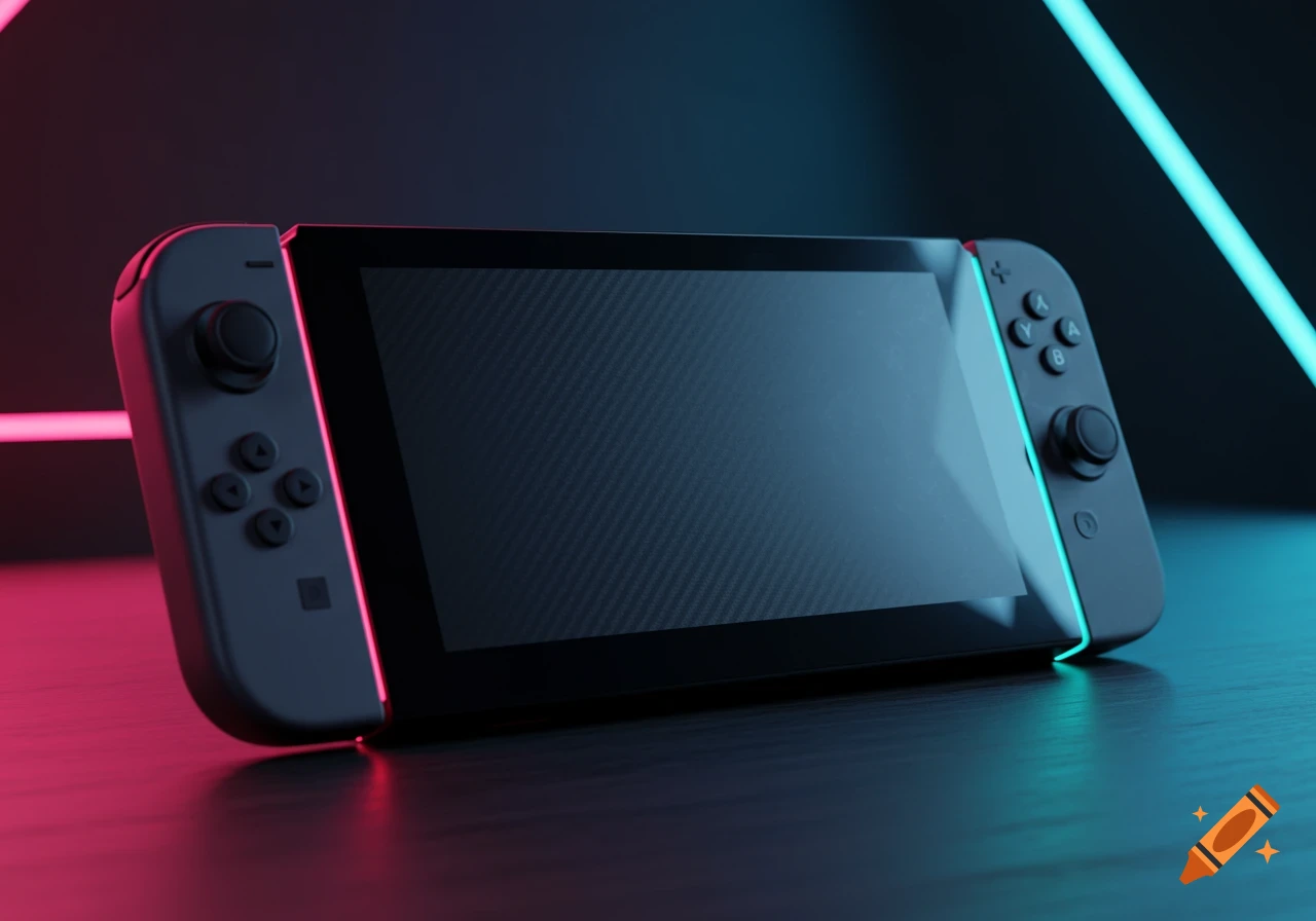 A video game console resembling a Nintendo Switch illuminated by neon pink and blue lights on a dark surface.