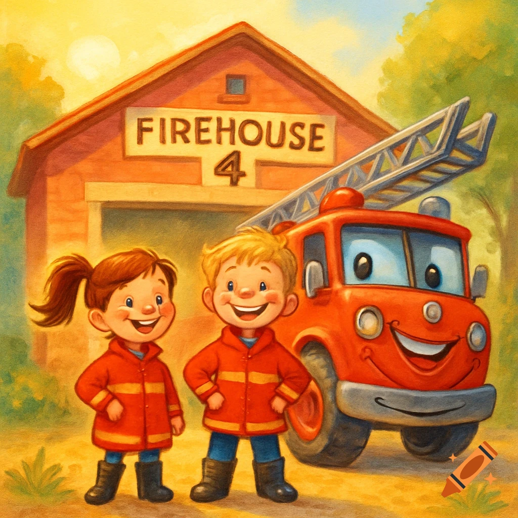 Two happy children in firefighter gear stand outside 'Firehouse 4' with a smiling cartoon fire truck in a children's book illustration style.