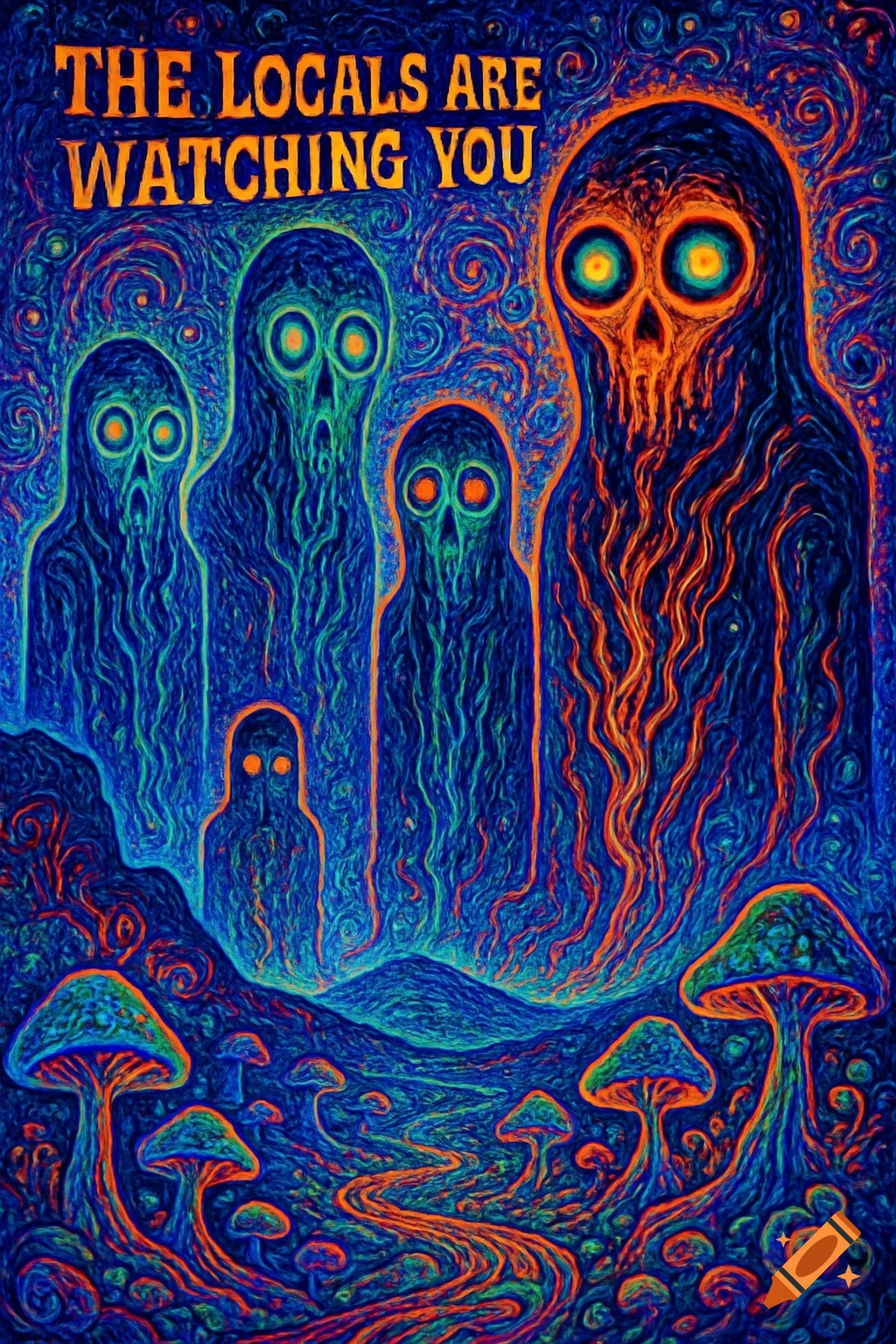 Psychedelic blacklight poster showing eerie glowing figures and mushrooms. Text: 'THE LOCALS ARE WATCHING YOU'.