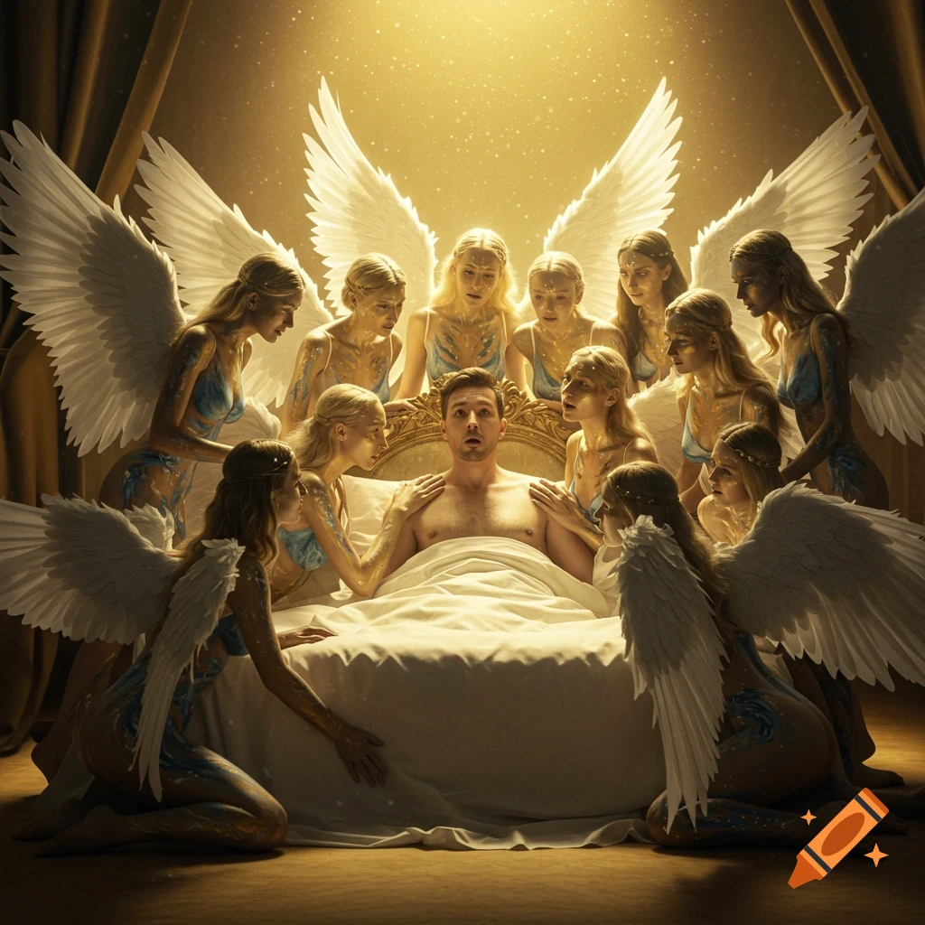Surprised man in bed surrounded by twelve angelic women with white wings and colorful body paint in a golden, heavenly light.