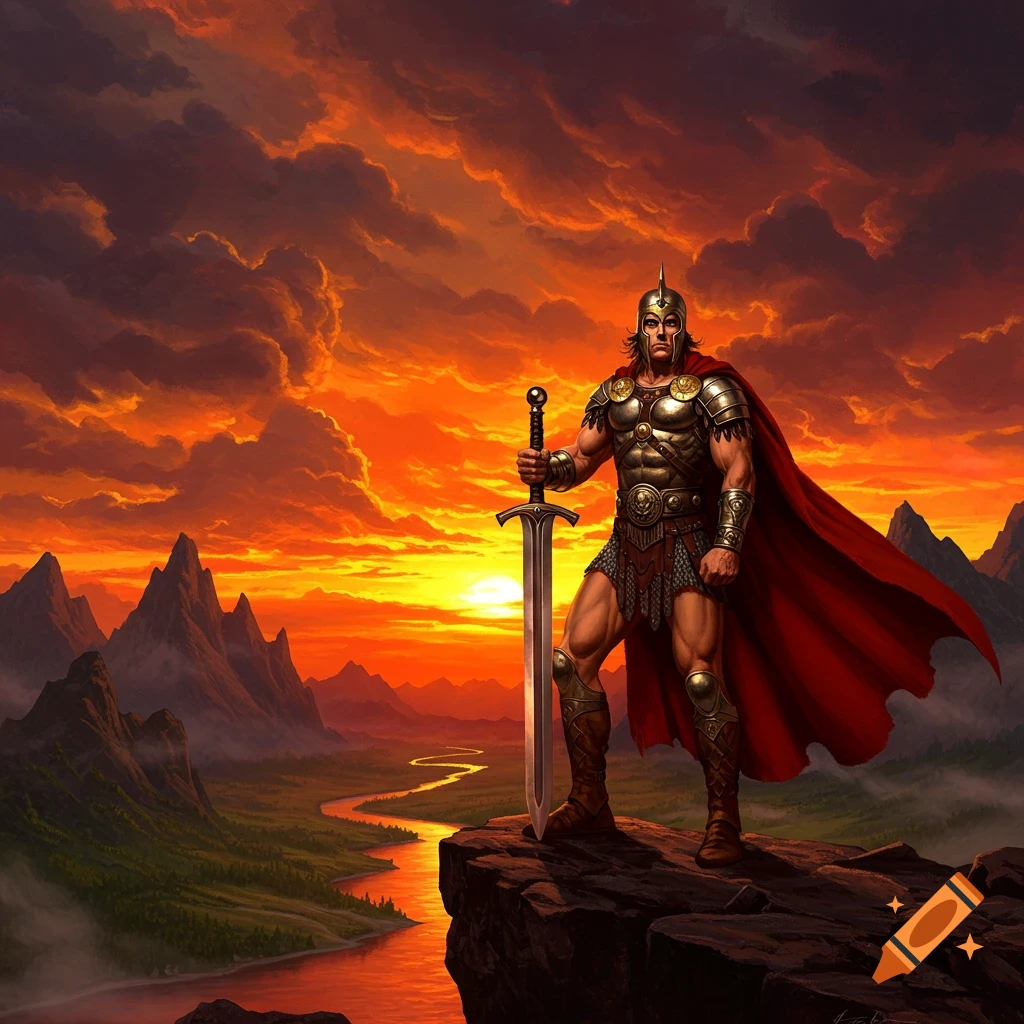 A muscular warrior in ornate armor and a red cape stands on a cliff holding a large sword, looking over a river valley at sunset, in the style of Frank Frazetta.