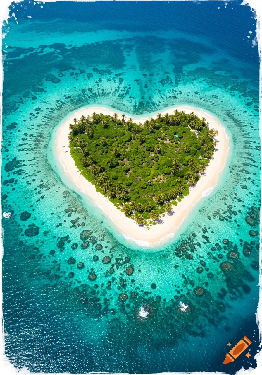 An aerial view of a lush green heart-shaped island with a white sandy beach surrounded by clear turquoise ocean and coral reefs.