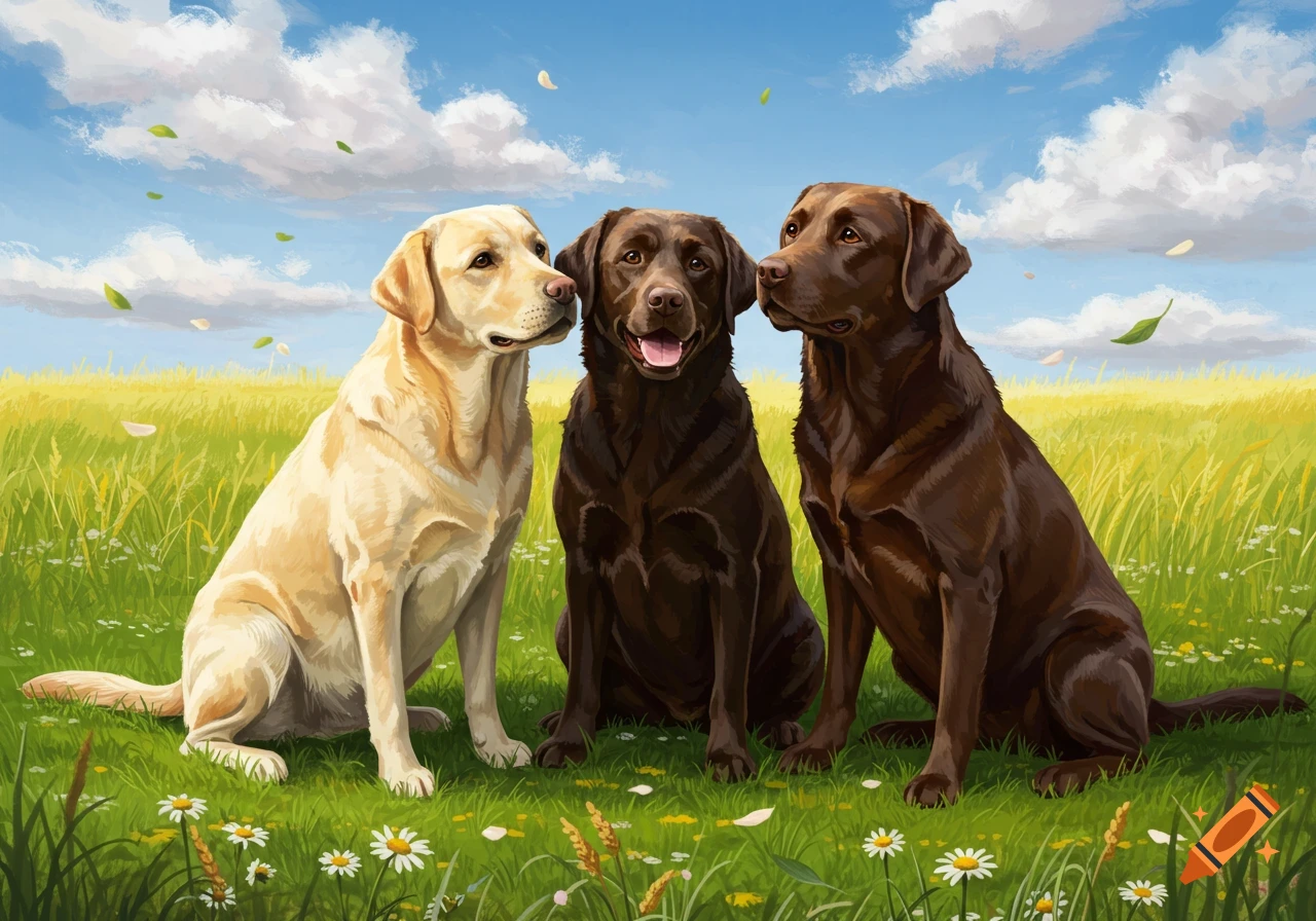 A yellow, black, and chocolate Labrador retriever sit together in a green field under a blue sky.