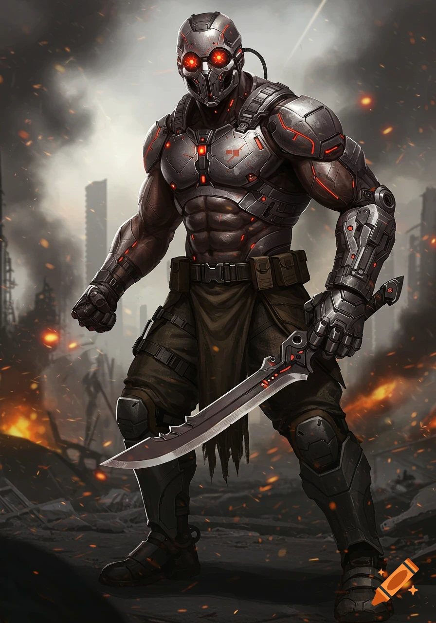 A muscular futuristic armored soldier with a tactical mask and blade gauntlet stands in a ruined, fiery cityscape.