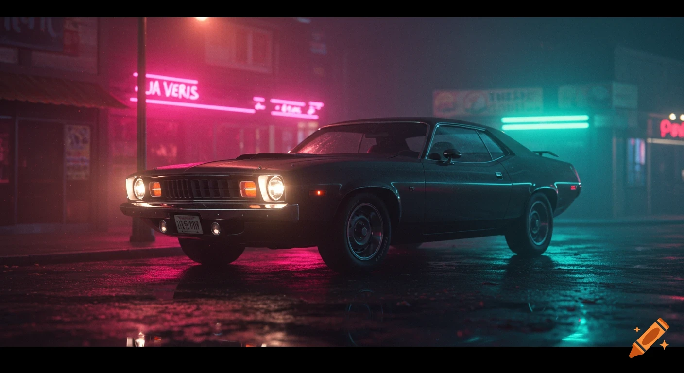 A dark 1974 Plymouth Barracuda parked on a wet street at night, illuminated by pink and blue neon lights reflecting in puddles.