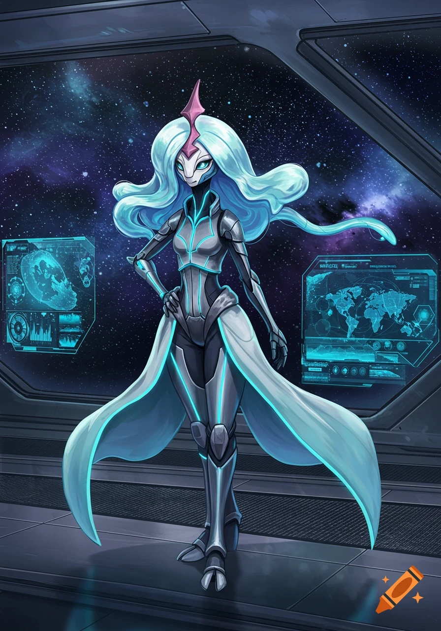 A futuristic humanoid character with long blue hair and a white and grey suit stands in a spaceship, looking out at space. Holographic screens with data are on either side.