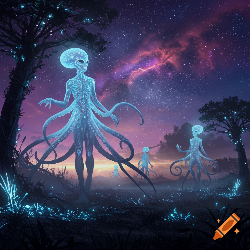 Glowing, translucent octopus-like aliens stand in a bioluminescent forest under a starry, nebulous night sky.