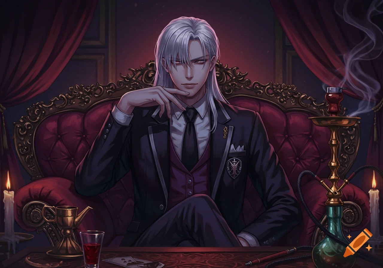 Anime-style man with long silver hair and red eyes in a suit, sitting on a lavish red couch with a hookah and drink.