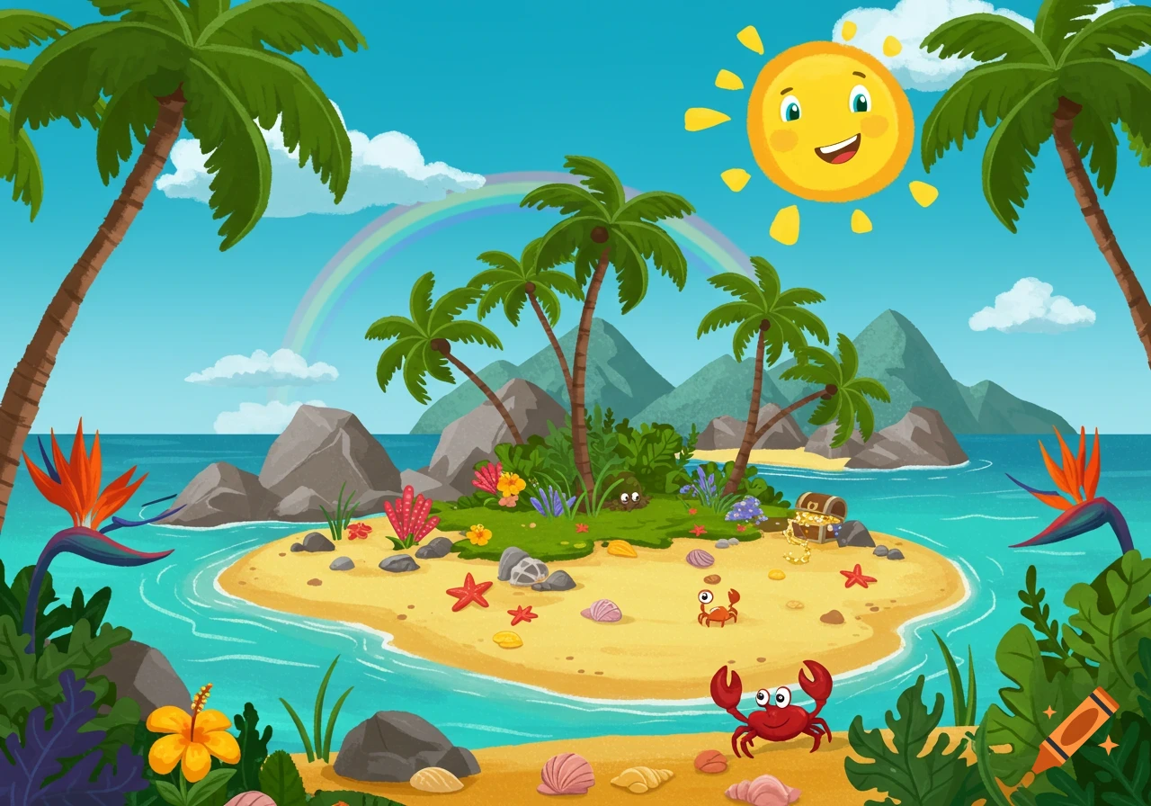 A vibrant cartoon tropical island with palm trees, a sandy beach, happy crabs and starfish, a treasure chest, and a rainbow under a smiling sun.
