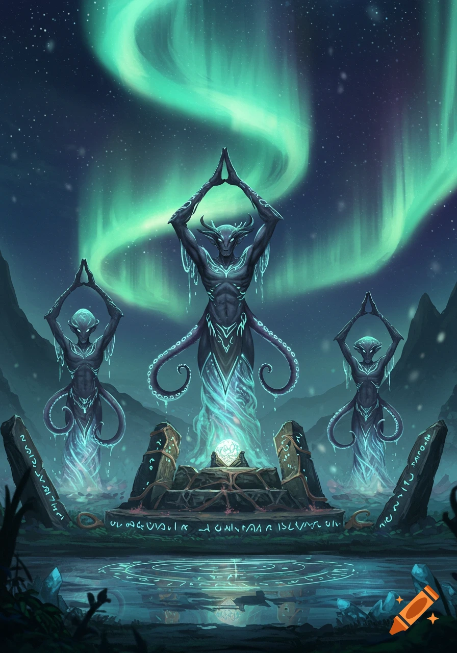 Three glowing alien-like figures with tentacles perform a ritual under the aurora borealis, gathered around an altar with a glowing orb by water with symbols in a digital art style.