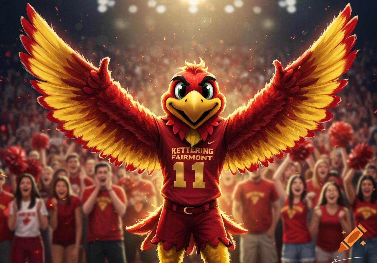 A red and yellow firebird mascot with 'Kettering Fairmont' on its jersey stands with wings outspread before a cheering crowd in a stadium.