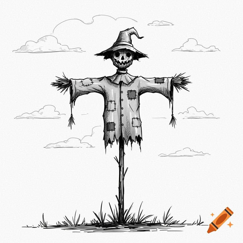A black and white sketch of a scarecrow with a tattered shirt and straw hands, standing in a field under cloudy skies.