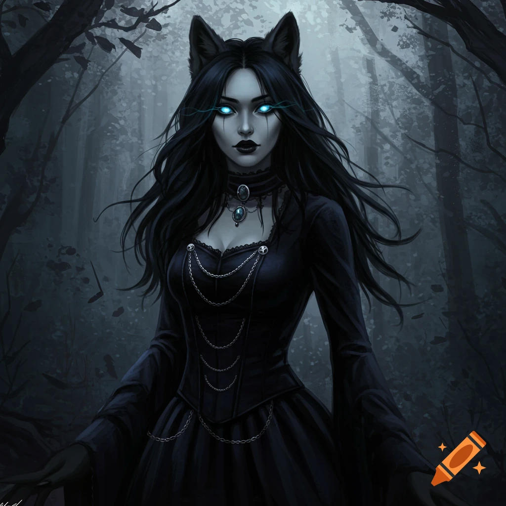 A gothic woman with wolf ears and glowing blue eyes stands in a dark, misty forest, digital art.