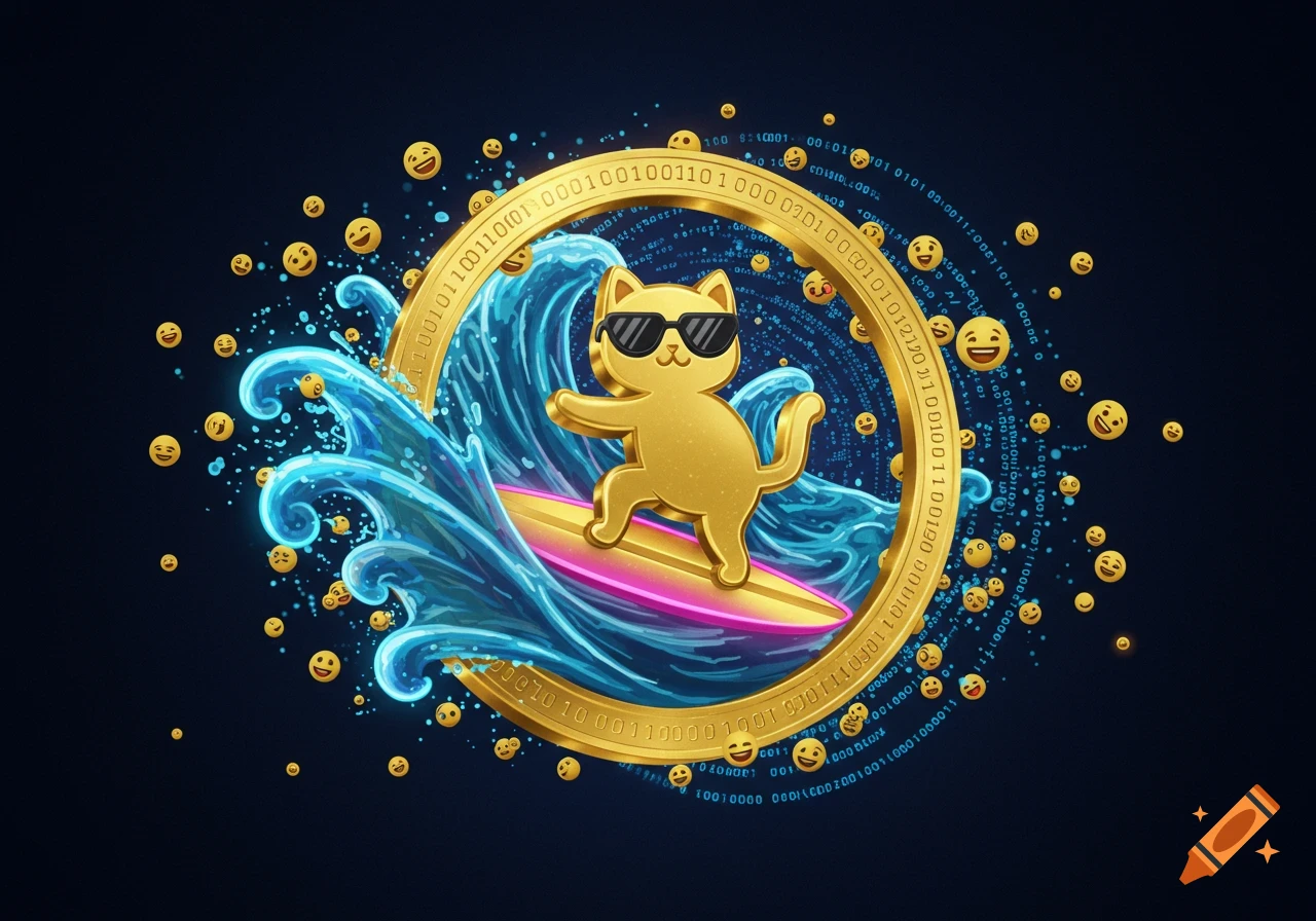 Golden cat wearing sunglasses surfing on a pink board amidst blue waves, inside a gold coin ring with binary code and emojis.