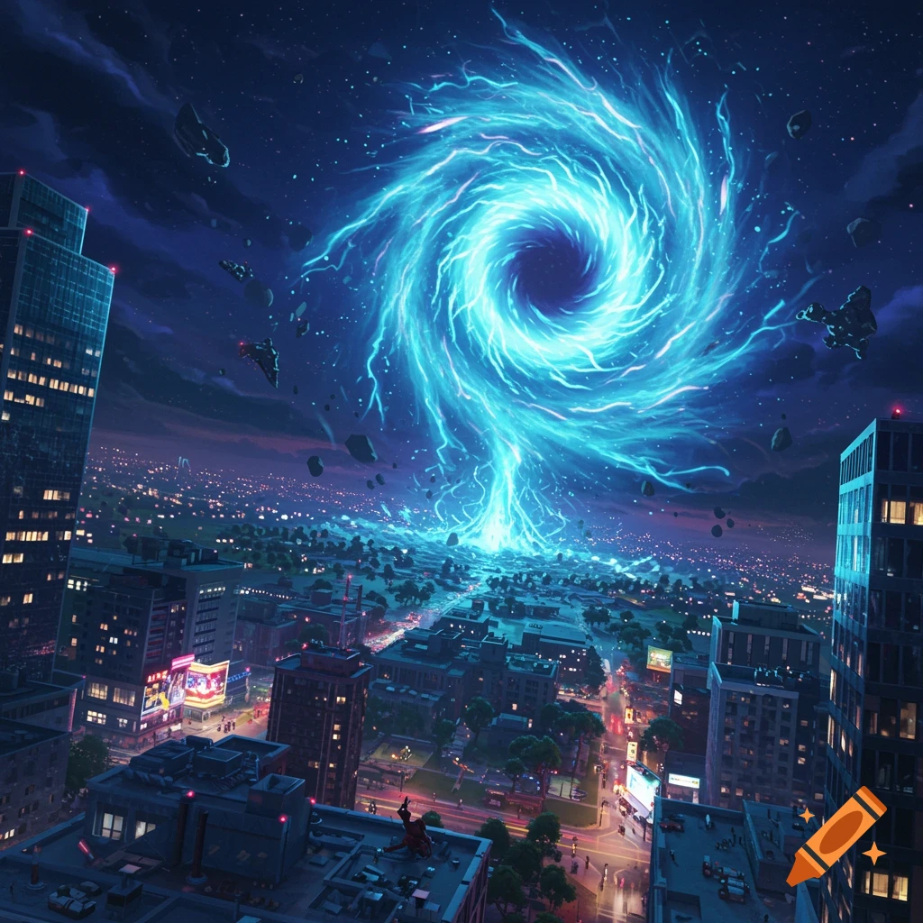 A massive, glowing blue vortex hangs over a futuristic city at night, with debris floating in the sky. The scene is dark with neon lights from the city.