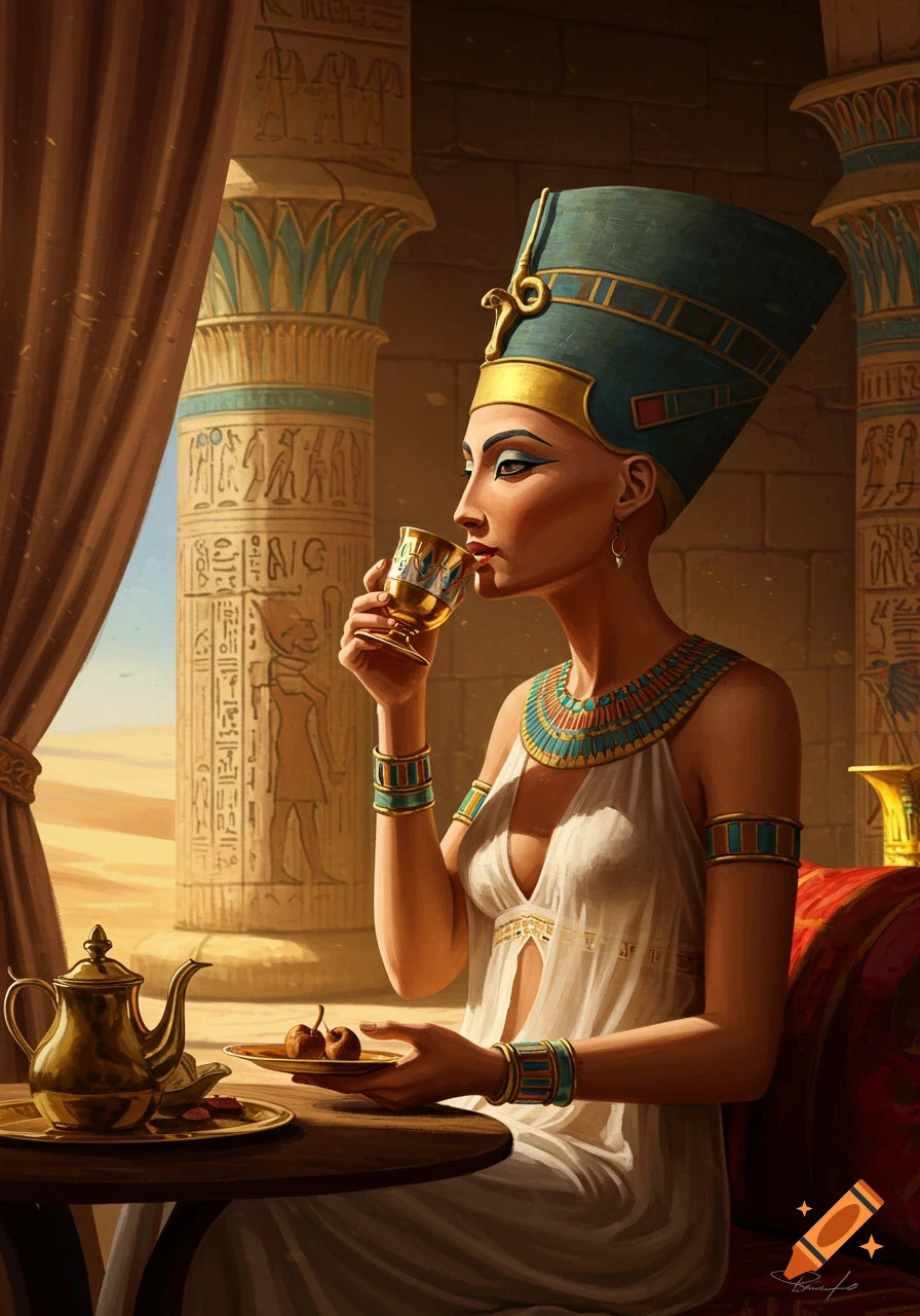 Nefertiti in a teal headdress and white gown drinks from a golden cup in an Egyptian palace overlooking a desert.