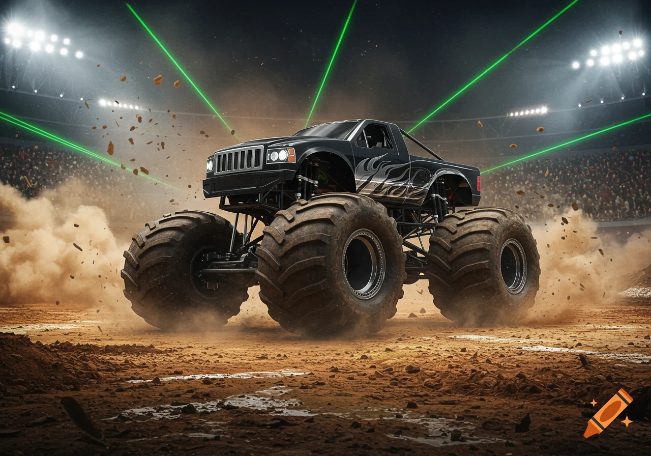 A black monster truck with flame decals kicks up dirt on a muddy track inside a stadium lit by bright lights and green laser beams.