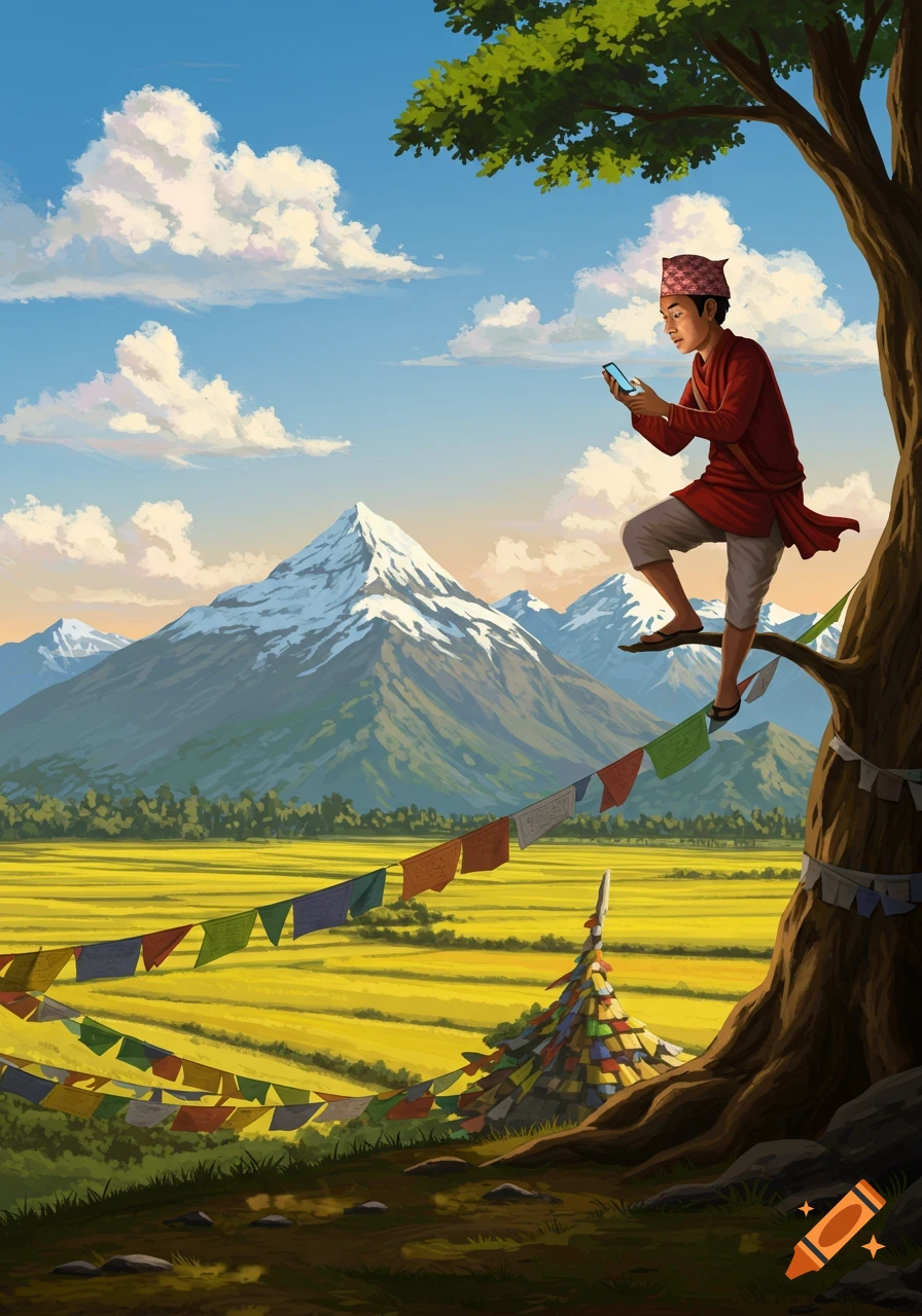 A person in Nepali attire climbs a tree, looking at a phone, with prayer flags, mountains, and yellow fields in the background.