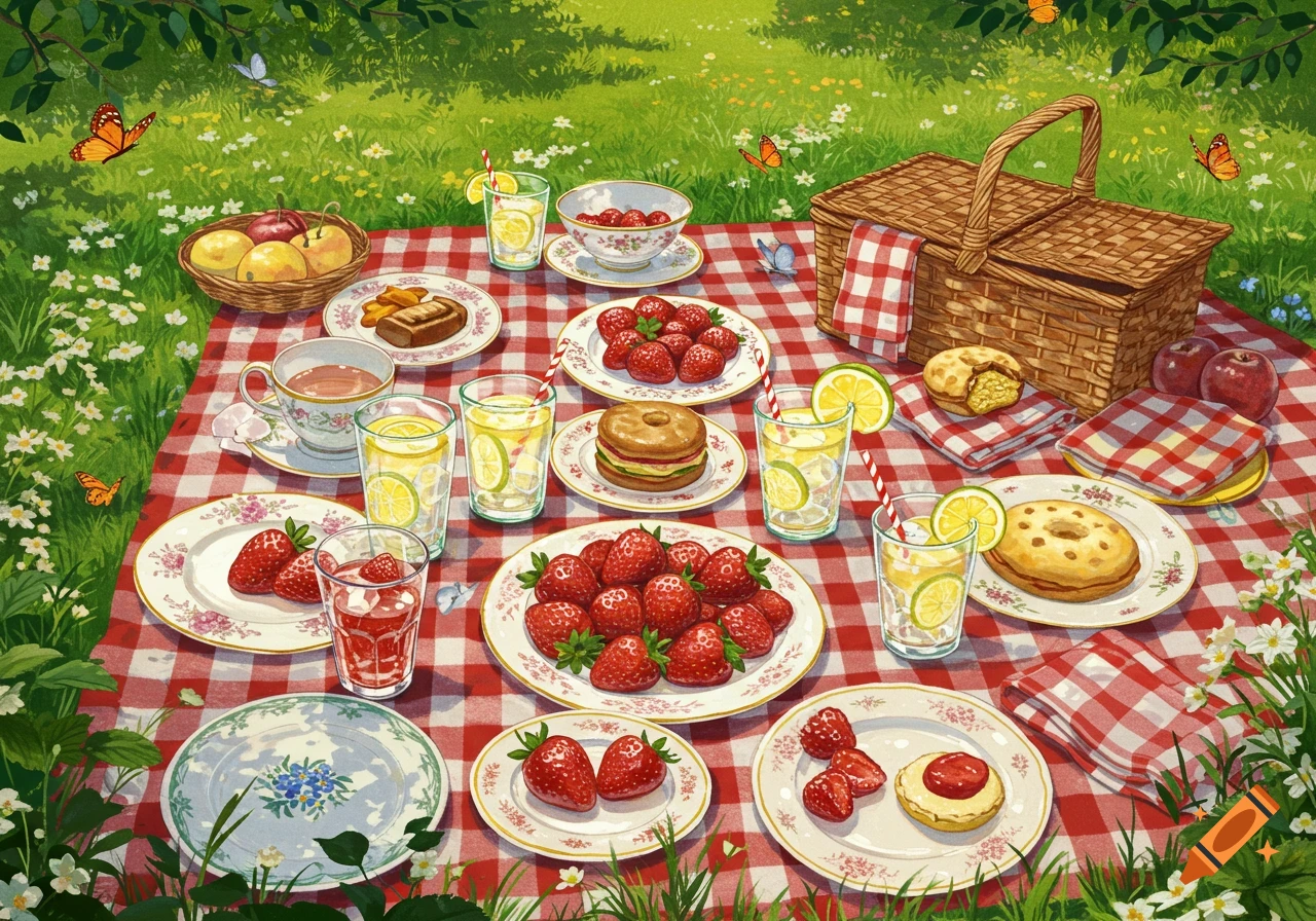 Vibrant illustration of a picnic spread on a red and white checkered blanket, with strawberries, drinks, pastries, and a wicker basket in a sunny grassy field.