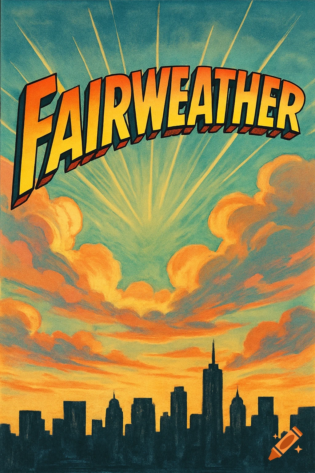 A comic-style poster with 'FAIRWEATHER' title above a city skyline, orange clouds, and sun rays at sunset.