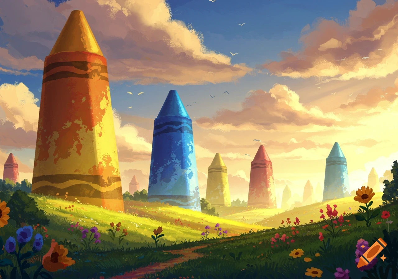 A vibrant landscape with giant colorful crayons resembling mountains in a field of wildflowers under a cloudy sky, in an illustrated style.