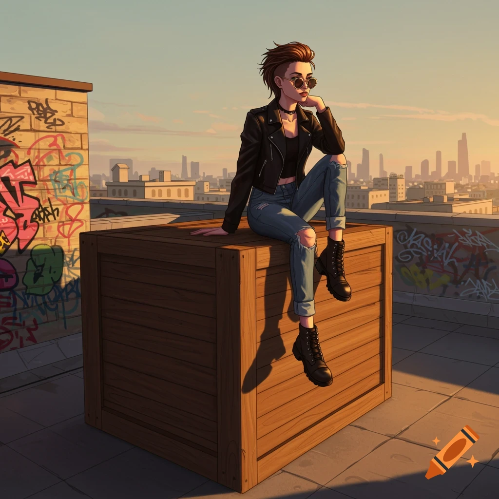 A cartoon-style girl with a leather jacket and ripped jeans sits on a wooden crate on a graffiti-covered rooftop at sunset, urban background.