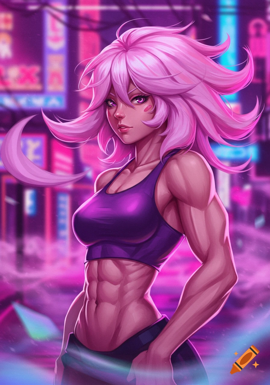 A muscular anime girl with spiky pink hair, wearing a purple crop top and dark shorts, stands against a blurred neon city background.