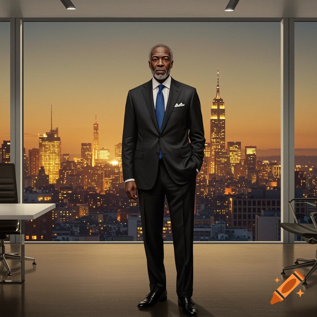 A photorealistic image of a professional man in a suit standing in an office with a city skyline at sunset.