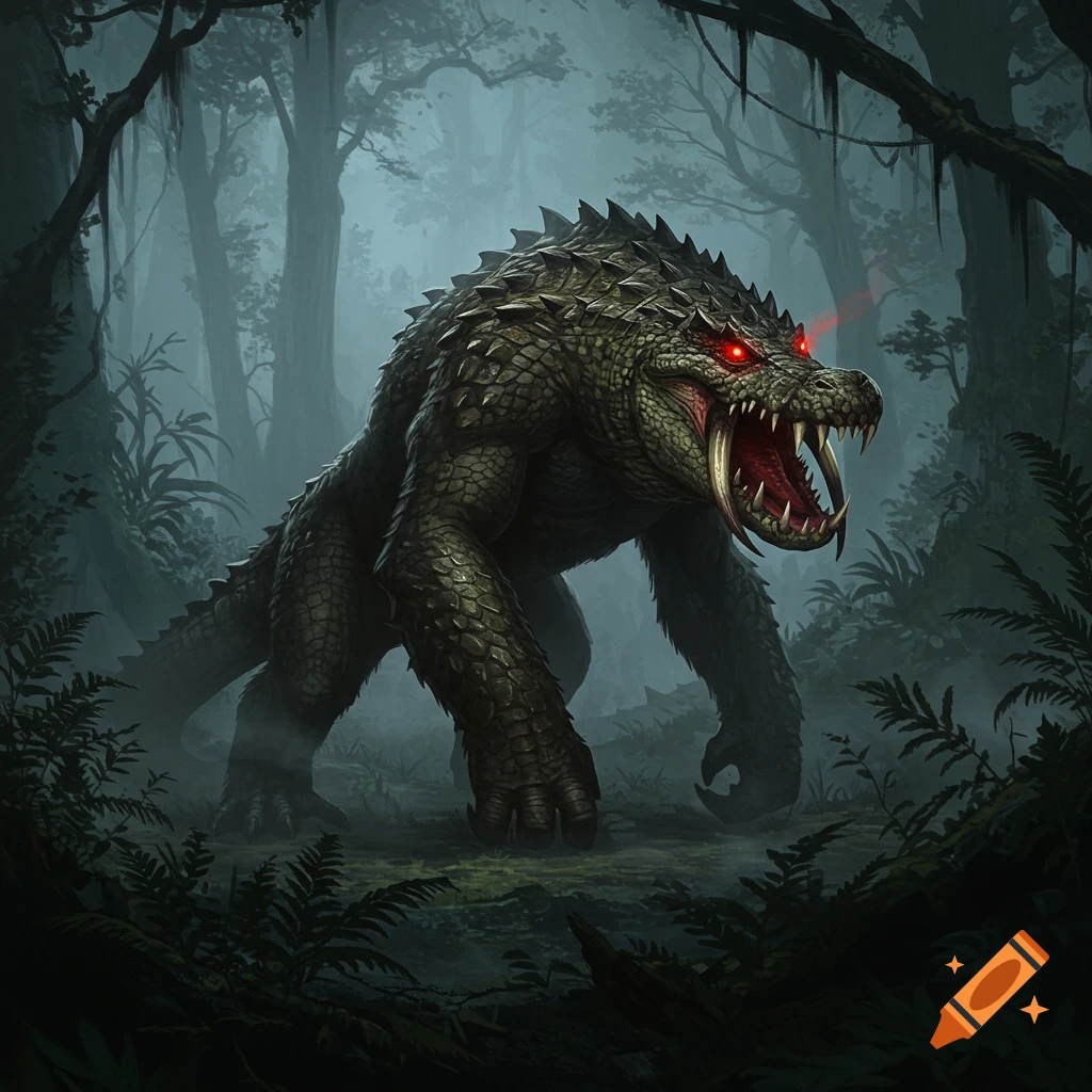 A monstrous ape-crocodile hybrid with armored scales, tusks, and glowing red eyes stands in a dark, misty jungle.