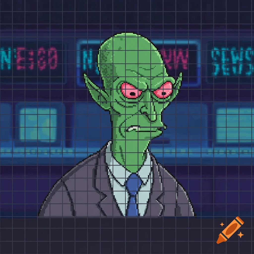 Pixel art of Morbo, a green alien with red eyes in a suit and tie, sitting at a news desk with screens behind him.