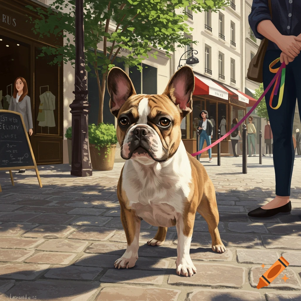 A brown and white French bulldog stands on a cobblestone street, held by a leash, with shops and people in the background.
