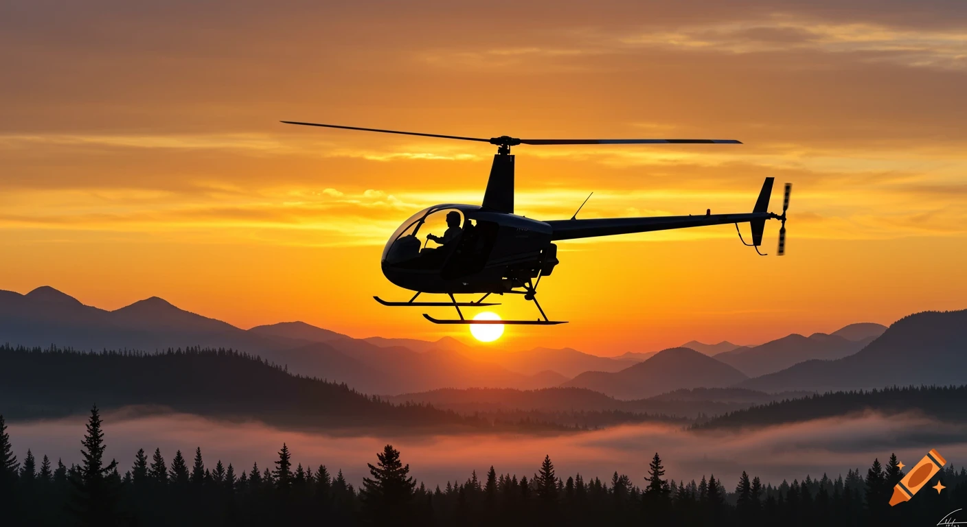 Silhouette of a helicopter flying over misty mountains and a forest during a vibrant sunrise.