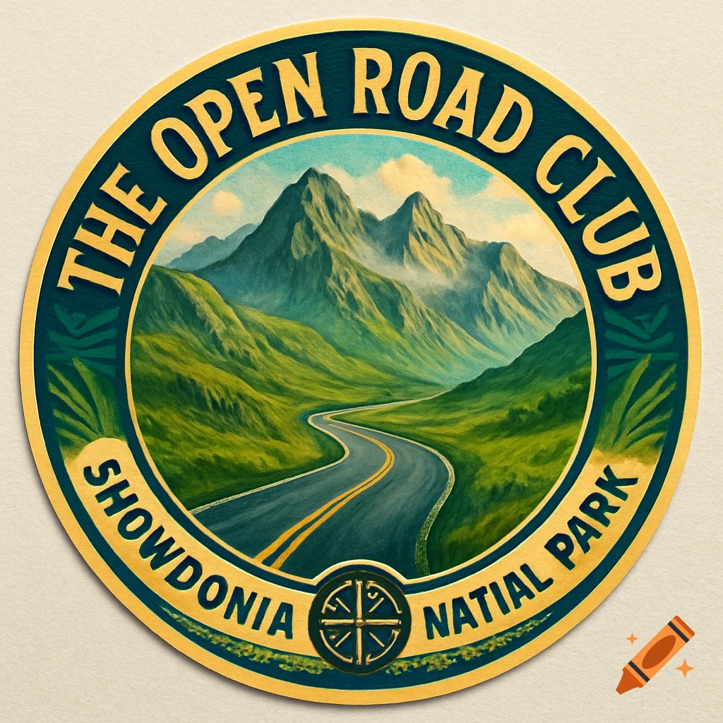 A circular sticker with a winding road through green mountains under a blue sky, text reads "THE OPEN ROAD CLUB SHOWDONIA NATIAL PARK".