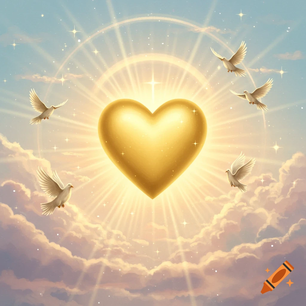 A golden heart radiating light in a cloudy, starry sky with white doves flying around it.