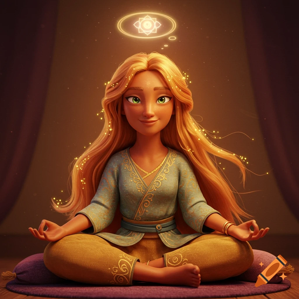 A serene Pixar-style woman with long golden hair meditates cross-legged, radiating a magical aura with a glowing chakra symbol above her head.