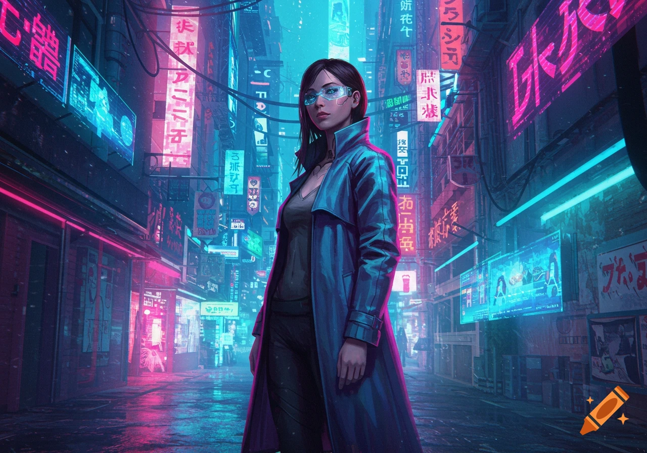 A woman netrunner in a trench coat stands in a neon-lit cyberpunk city, in an anime-style illustration.