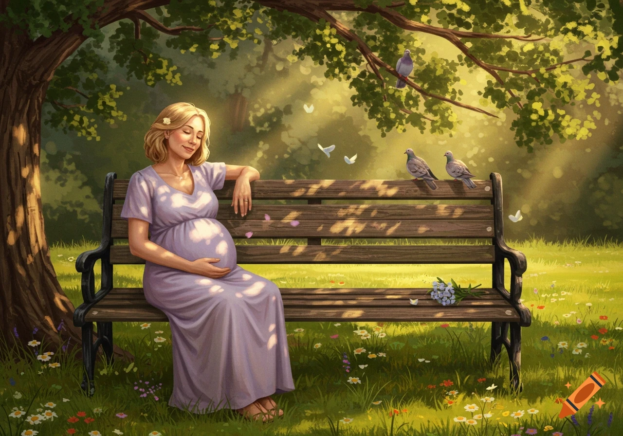 An illustrated pregnant woman in a purple dress sits peacefully on a park bench under a tree, with birds and flowers in a sunny park.