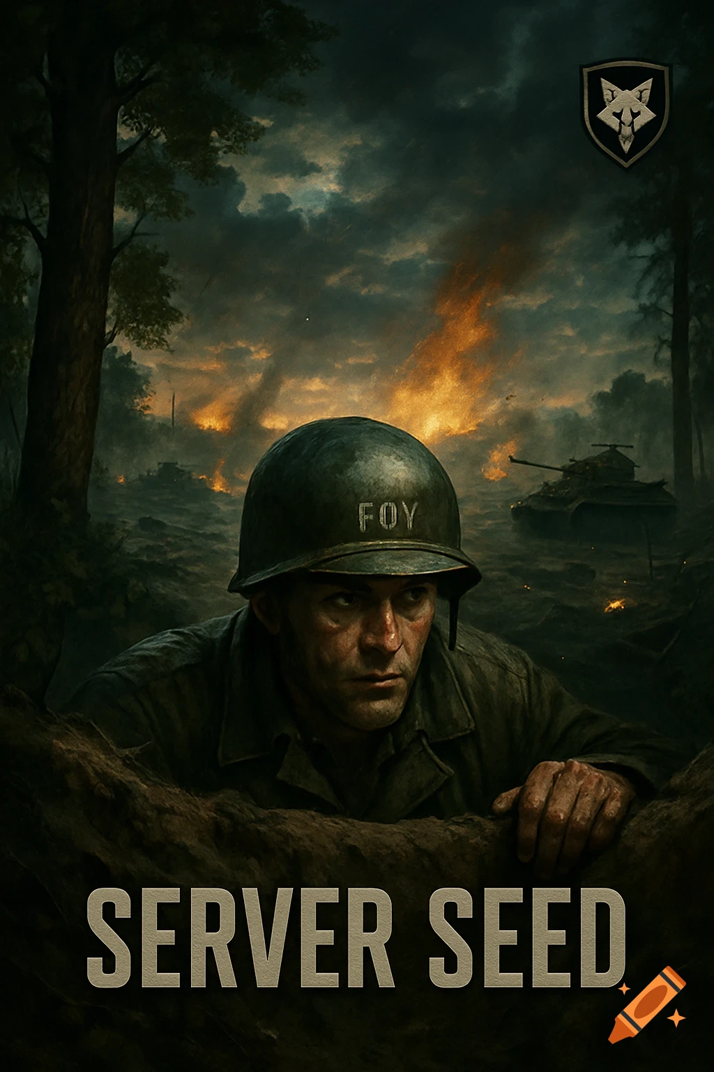A cinematic image of a soldier with 'FOY' on his helmet in a foxhole, observing a battle with explosions and tanks under a cloudy, fire-lit sky. 'SERVER SEED' text is at the bottom.
