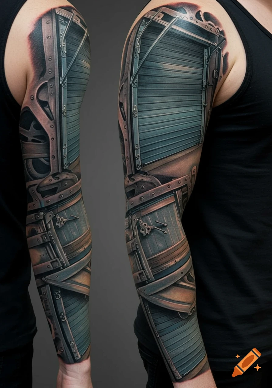 Photorealistic arm sleeve tattoo featuring a detailed mechanical design with a garage door and gears.