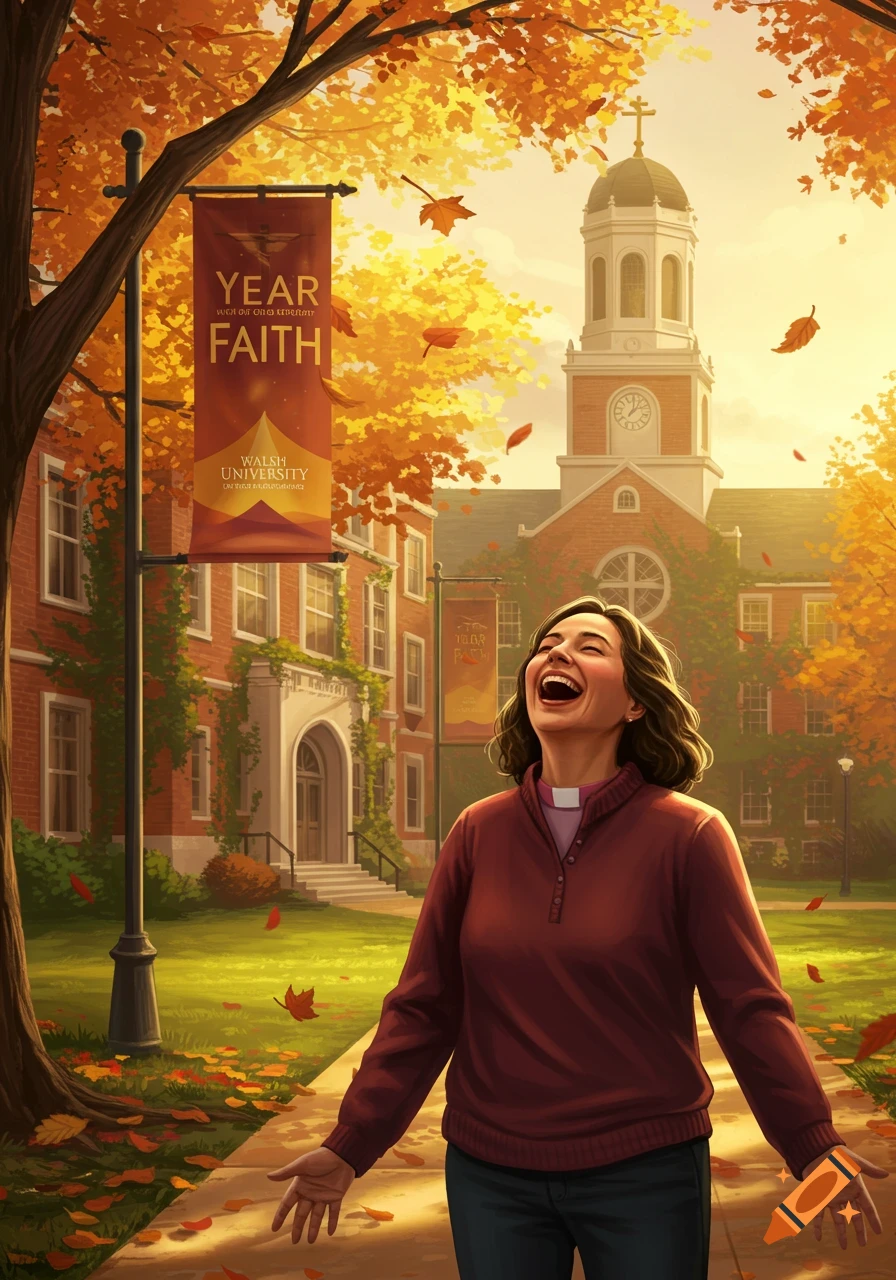A smiling woman in a maroon sweater with a clerical collar stands in front of a university building with fall foliage and banners.