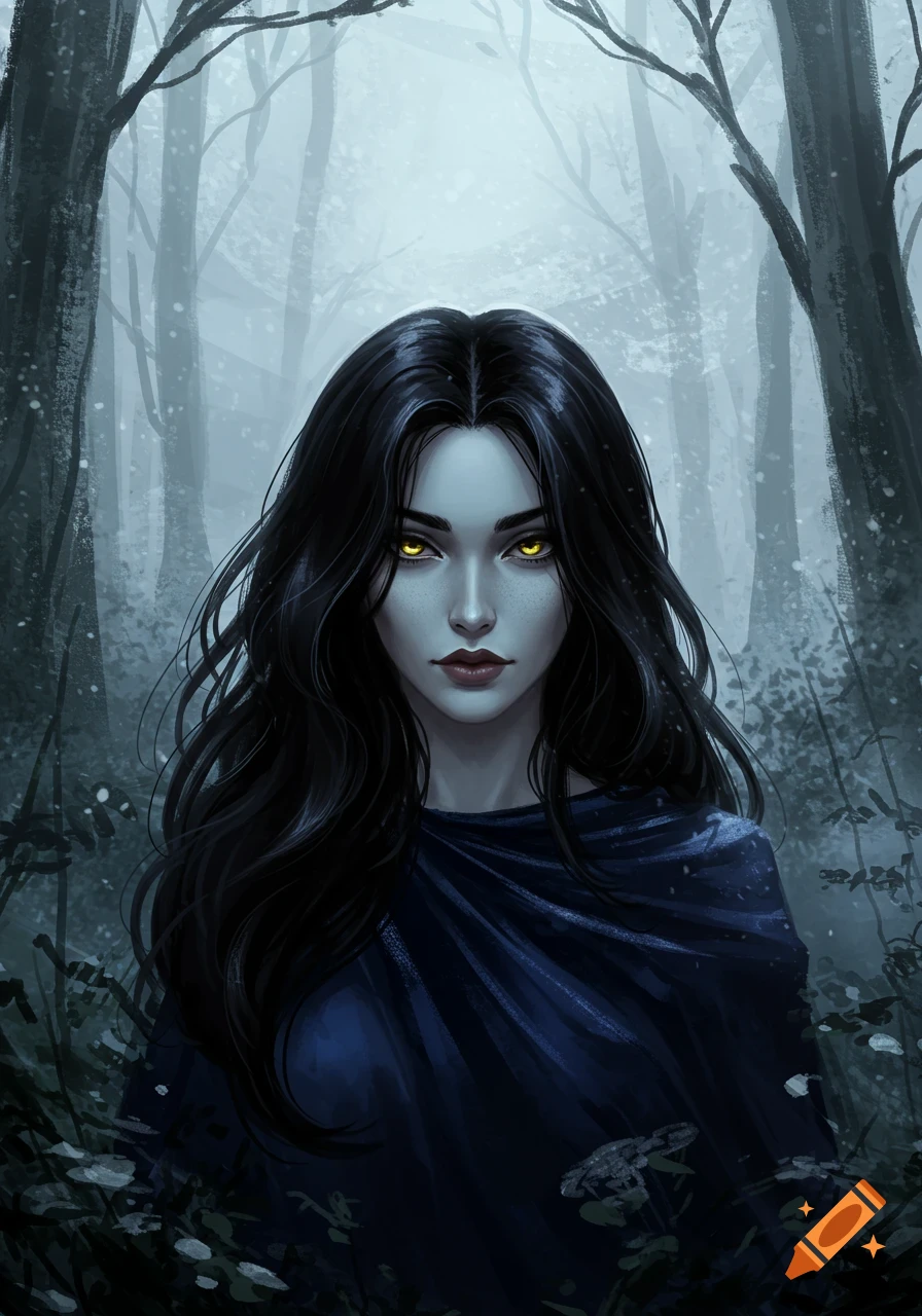 A digital painting of a woman with long black hair and glowing yellow eyes in a misty forest.