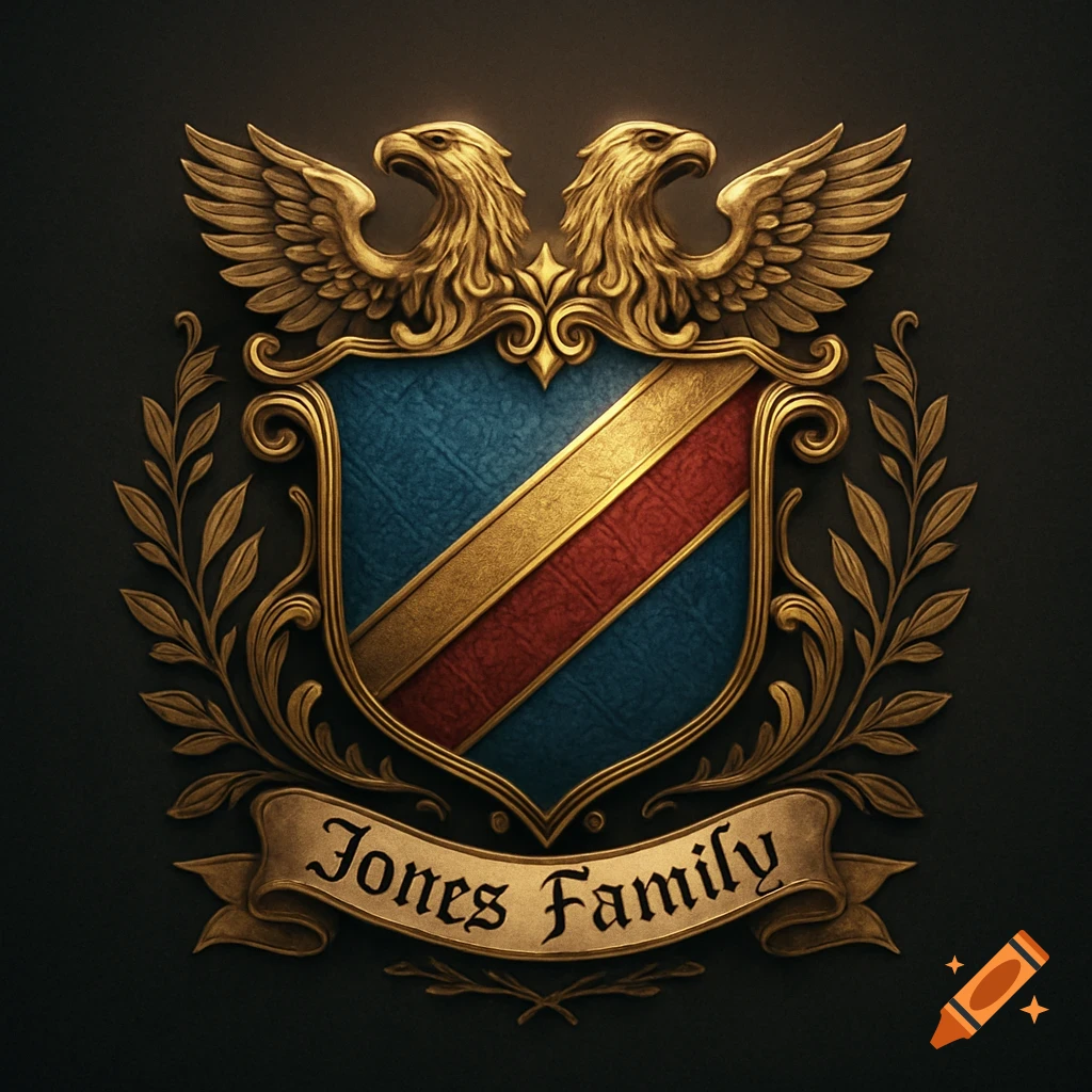 A golden heraldic crest with two eagles, a blue and red shield, and a banner reading 'Jones Family'.