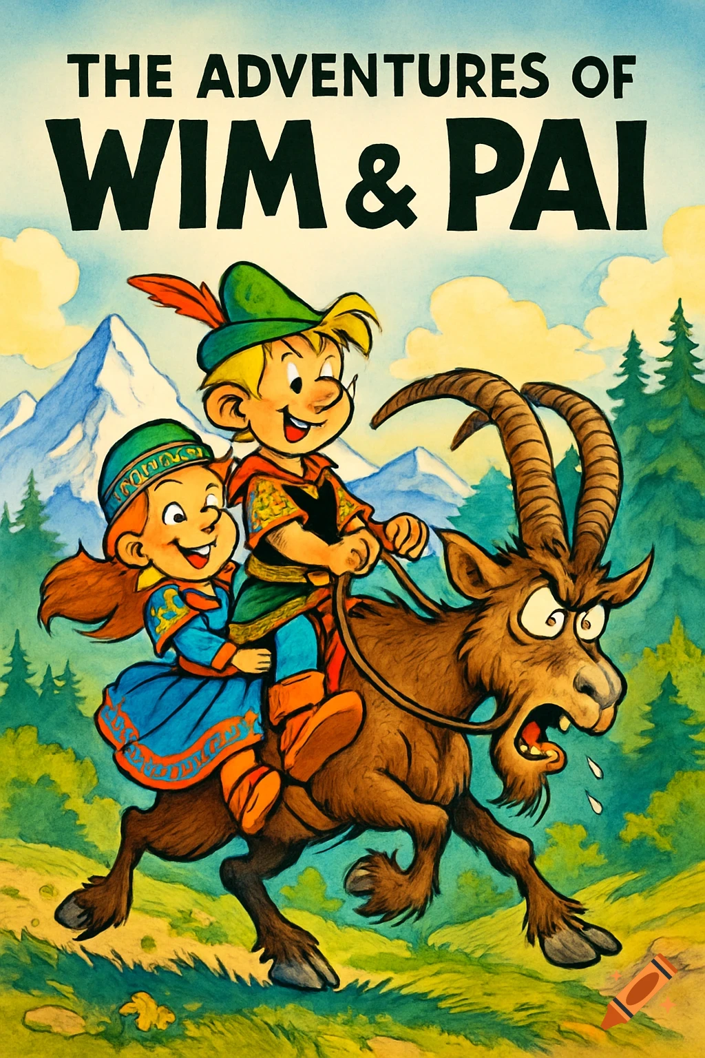 A colorful children's book cover in cartoon style, titled 'The Adventures of Wim & Pai', shows two smiling children riding a startled goat. Mountains and alpine trees are in the background.